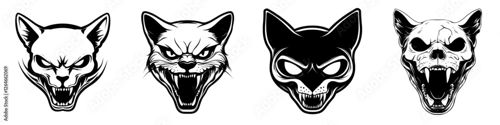 A hand-drawn cat skull in monochrome is depicted in isolation on a white background, exemplifying a modern cartoon illustration with a retro vintage twist suitable for tattoos, prints, or covers A hand-drawn cat skull in monochrome is depicted in isolation on a white background, exemplifying a modern cartoon illustration with a retro vintage twist suitable for tattoos, prints, or covers