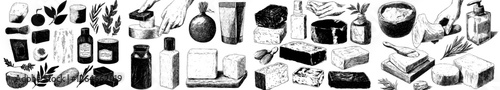 A bar of soap is featured, showcasing a vintage approach to hand washing, complete with homemade packaging and an organic bubble cosmetic that produces a natural lather for bath time, as illustrated