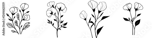 A hand-drawn, modern botanical illustration of a sweet pea branch with flowers and leaves, set against a white background with a linear design and black outline