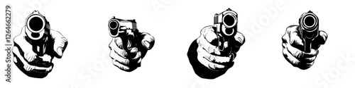 A black monochrome hand with gun icon is isolated on a white background, representing a modern weapons symbol illustration