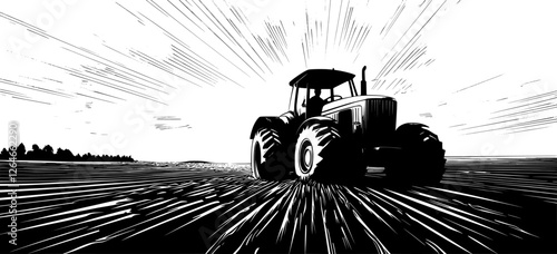 A modern illustration, hand-drawn in graphic style, showcases a spring rural landscape with two prominent tractors