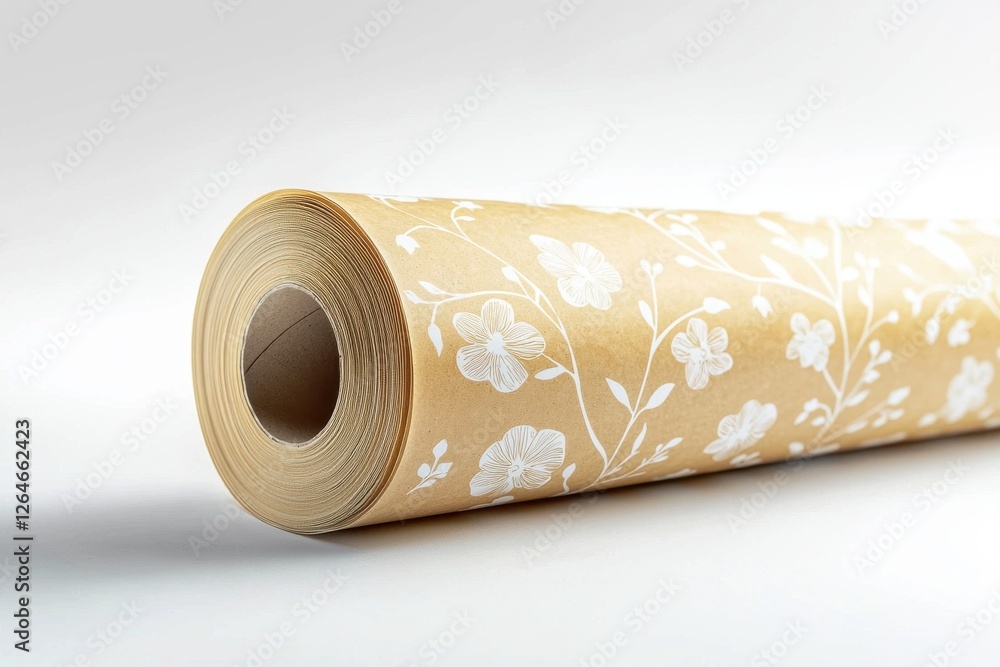 A roll of decorative wallpaper with a floral pattern, featuring white flowers and delicate branches on a beige background, perfect for home renovation projects and interior decor ideas. A roll of decorative wallpaper with a floral pattern, featuring white flowers and delicate branches on a beige background, perfect for home renovation projects and interior decor ideas.