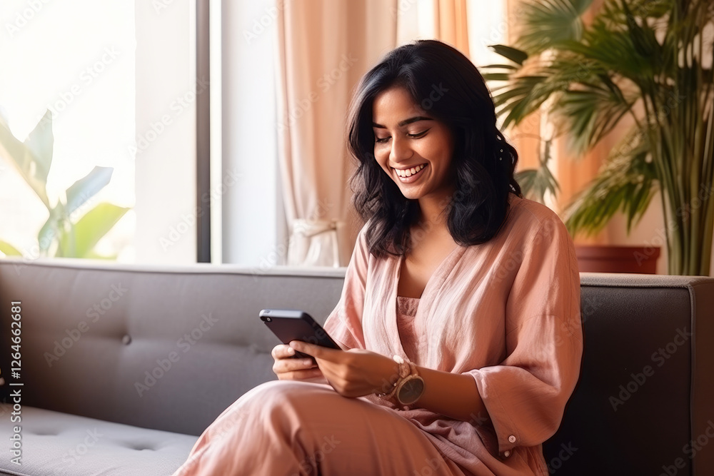 young woman sitting on sofa using smartphone young woman sitting on sofa using smartphone