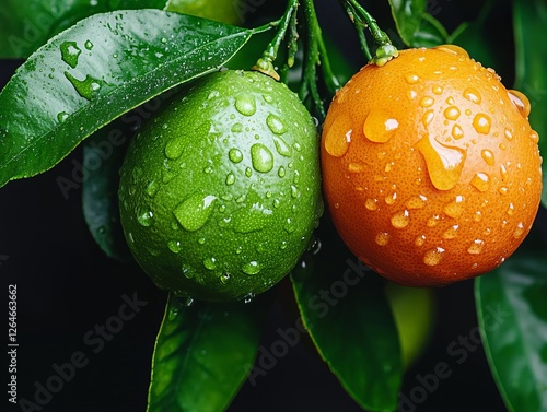 Fresh green and orange citrus fruits with droplets on leaves, showcasing nature's beauty. photo