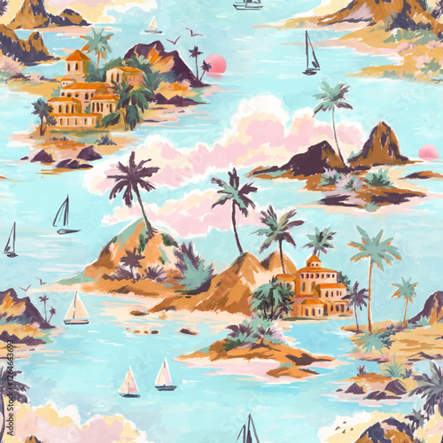Beautiful vector tropical seamless pattern with hand drawn paradise islands with mountains and palm trees on beaches with ocean and clouds in sky. Ready tropical print design.