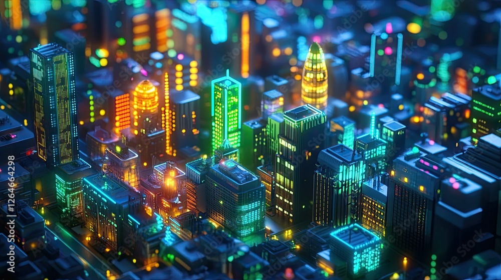 Obraz premium A smart city at night with glowing buildings and smart infrastructure like sensors and green tech solutions.