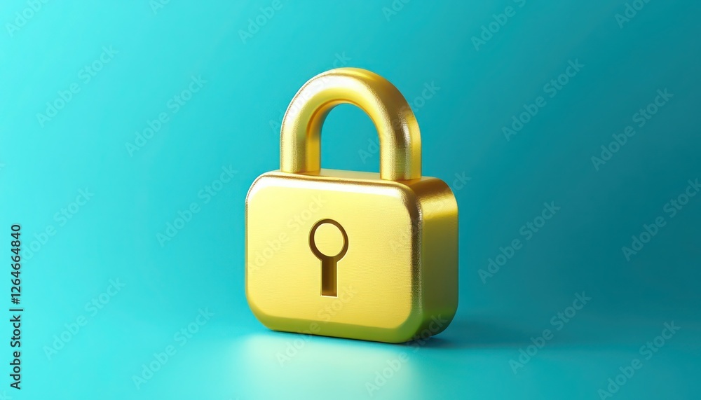 Hyper-realistic golden lock icon on a solid cyan background Hyper-realistic golden lock icon on a solid cyan background