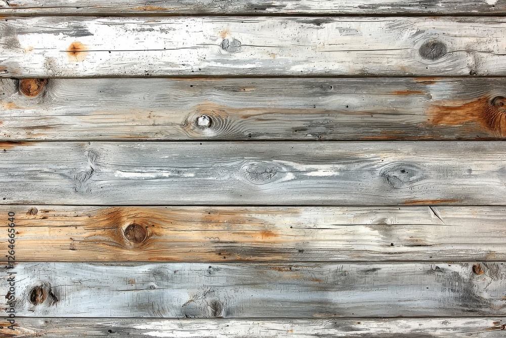 Obraz premium Detailed view of a weathered wooden wall with knots and faded gray paint, showcasing the rustic texture and natural imperfections of aged timber planks.