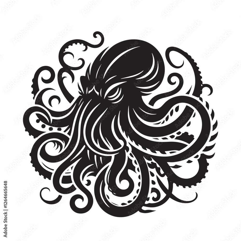 Fototapeta premium Shadowy Kraken silhouette created for deep-sea mystery and mythological designs - Kraken illustration - Kraken vector - mythical creature silhouette 