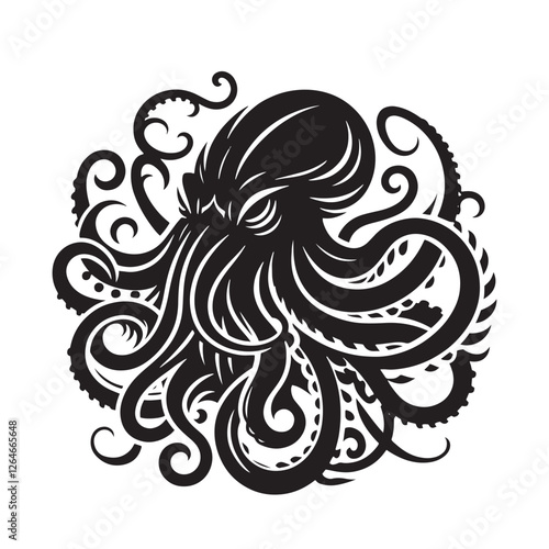 Shadowy Kraken silhouette created for deep-sea mystery and mythological designs - Kraken illustration - Kraken vector - mythical creature silhouette
