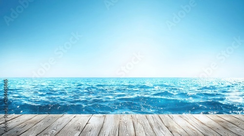 Tranquil Blue Ocean Meets Wooden Deck Under Clear Sky