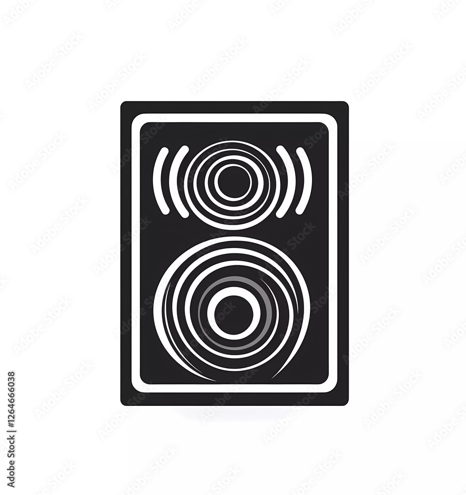 Black and white simple vector icon of a sound system speaker with two visible waves coming out, on a white background. Black and white simple vector icon of a sound system speaker with two visible waves coming out, on a white background.