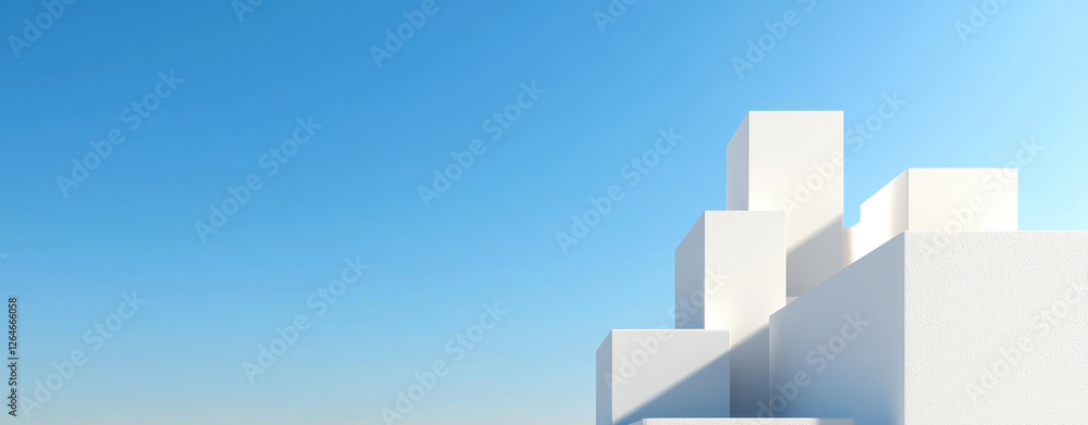 Minimalist geometric structures rise against clear blue sky, creating serene atmosphere Minimalist geometric structures rise against clear blue sky, creating serene atmosphere