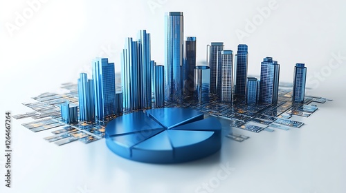 Futuristic Digital Cityscape with Blue Skyscrapers, 3D blue glass illustration of business data