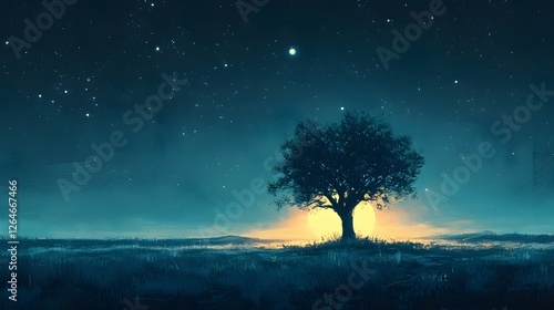 Lonely tree under a starry sky embracing the soft glow of the horizon