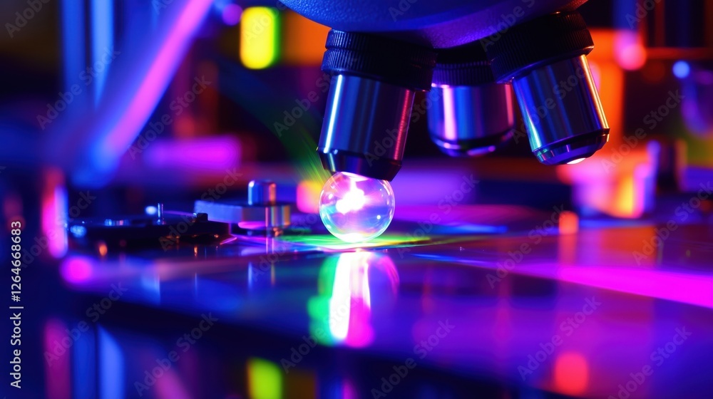 Modern microscope analyzing glowing sample in laboratory setting Modern microscope analyzing glowing sample in laboratory setting