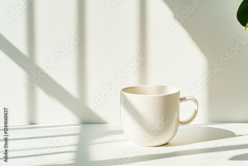 Minimalist Coffee Experience White Ceramic Cup with Natural Shadows - Mindful Morning Content for Wellness Branding and Lifestyle Merchandising photo