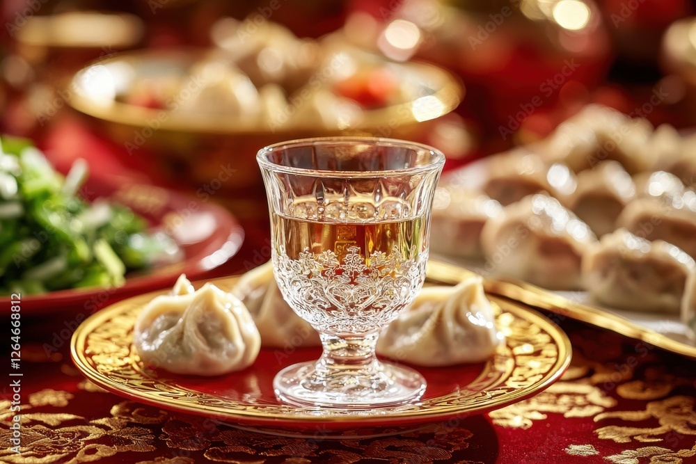 A festive Lunar New Year feast featuring crystal glass of rice wine and dumplings, showcasing traditional celebration and family gathering with warmth and cultural richness. A festive Lunar New Year feast featuring crystal glass of rice wine and dumplings, showcasing traditional celebration and family gathering with warmth and cultural richness.