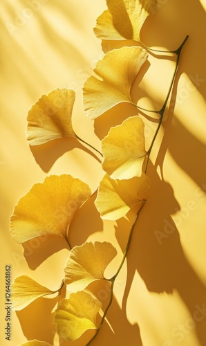 Monochromatic botanical elegance, Ginkgo leaves in soft sunlight against golden backdrop