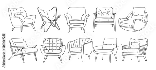 Set of different modern armchairs in trendy scandinavian style. Hand drawn black ink sketch of interior design furniture elements. Monochrome vector illustration isolated on transparent background.