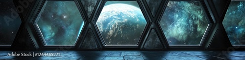 Futuristic Spaceship Interior with Earth View (1) photo