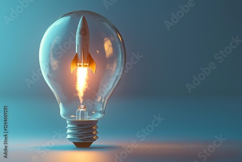 A conceptual image of a rocket taking off inside a lightbulb on a blue background, representing innovation, creativity, and the launch of new ideas.