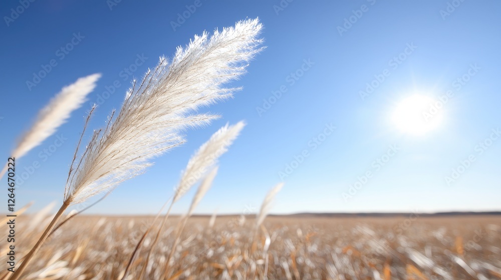 Obraz premium Pampas grass field, sunny day, blue sky, nature background, ideal for websites or prints