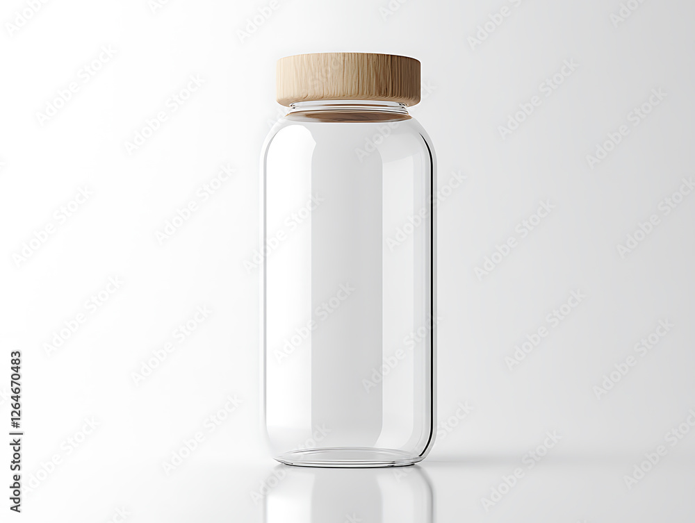 Glass Bottle with Wooden Lid: A clear glass bottle with a sleek design and a natural wood lid stands isolated against a clean backdrop, ready for your branding or product display Glass Bottle with Wooden Lid: A clear glass bottle with a sleek design and a natural wood lid stands isolated against a clean backdrop, ready for your branding or product display