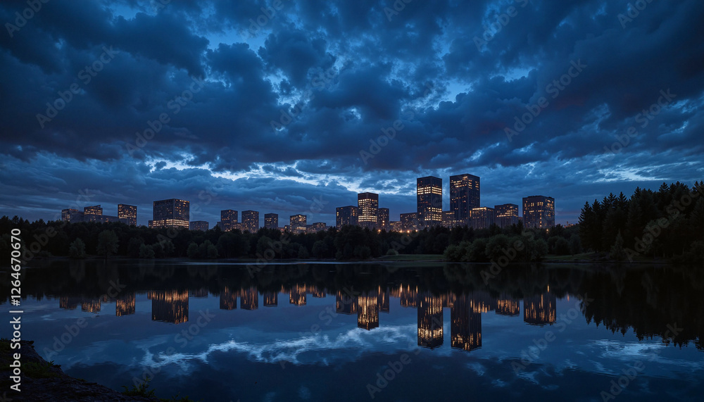 Fototapeta premium City skyline reflecting on lake at night
