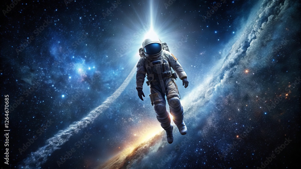 A lone astronaut floats serenely amidst a breathtaking cosmic panorama, bathed in the ethereal glow of distant stars and nebulae, a mesmerizing spectacle of interstellar wonder. A lone astronaut floats serenely amidst a breathtaking cosmic panorama, bathed in the ethereal glow of distant stars and nebulae, a mesmerizing spectacle of interstellar wonder.