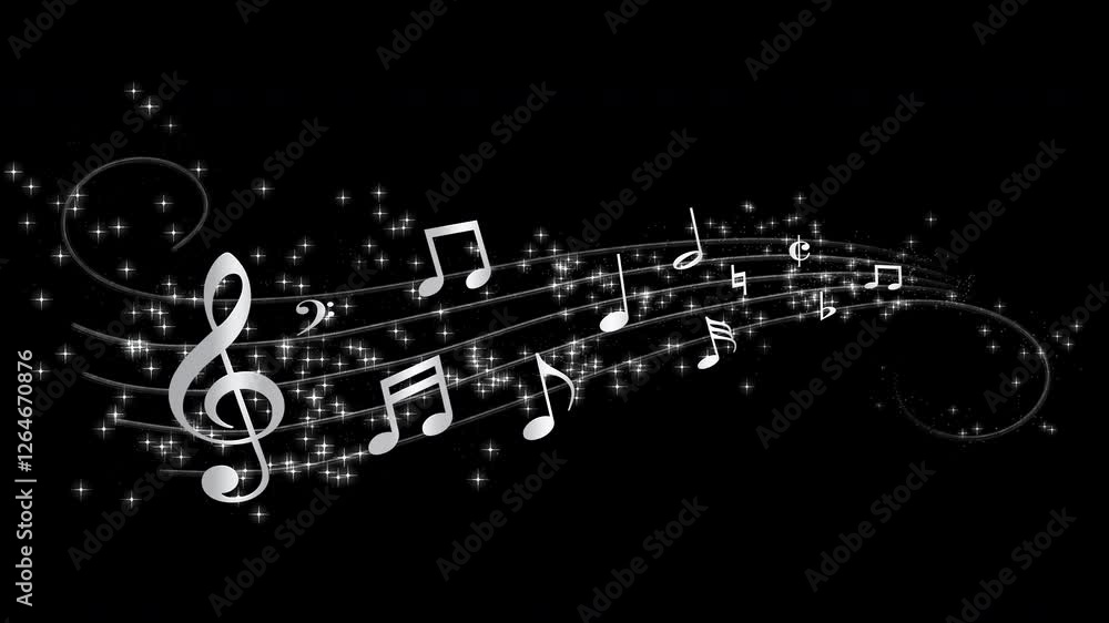 Abstract silver music notes along a musical stave in 3D space with silver stars, twirling glitter and particles, scene opener, overlay or background, transparent background with alpha channel