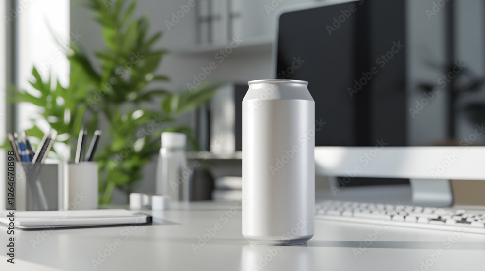 Minimalist Desk Office Scene Featuring a Blank Aluminum Drink Can Minimalist Desk Office Scene Featuring a Blank Aluminum Drink Can