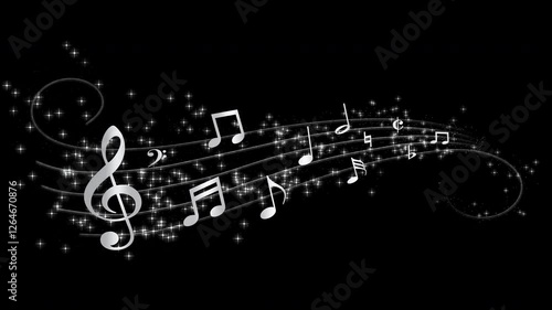 Abstract silver music notes along a musical stave in 3D space with silver stars, twirling glitter and particles, scene opener, overlay or background, transparent background with alpha channel