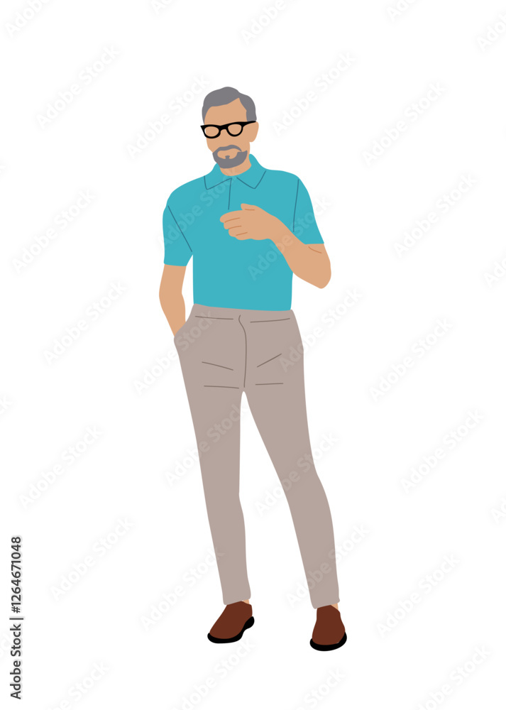 Senior man in modern smart casual summer clothes standing full length. Handsome bearded Businessman in glasses and street fashion outfit. Flat vector colorful illustration isolated Senior man in modern smart casual summer clothes standing full length. Handsome bearded Businessman in glasses and street fashion outfit. Flat vector colorful illustration isolated
