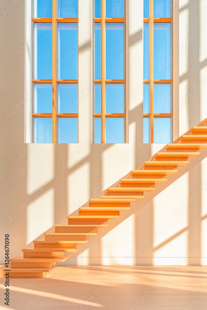 Minimalist Wooden Staircase in Bright Sunlit Library Setting - Elegant Architecture for Modern Educational Spaces, Enhancing Learning Environment and Aesthetic Appeal Minimalist Wooden Staircase in Bright Sunlit Library Setting - Elegant Architecture for Modern Educational Spaces, Enhancing Learning Environment and Aesthetic Appeal
