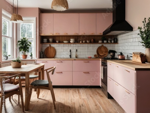 Pink kitchen with light wood flooring and dining area