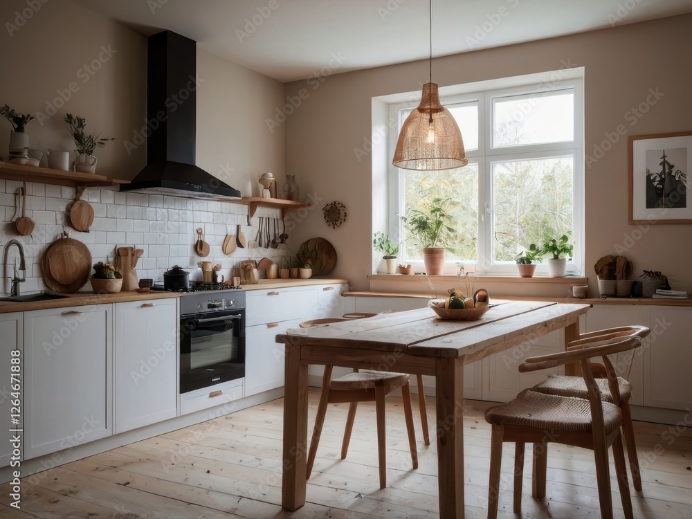 Fototapeta premium Bright and airy kitchen featuring rustic wooden table setting