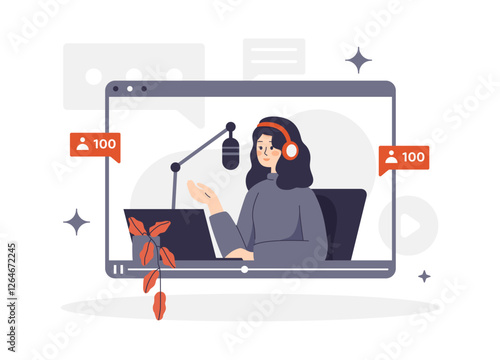 Vector illustration of a woman podcaster streaming live on a tablet screen. A girl in headphones is talking into the microphone, interacting with her audience. Podcast, streaming and media content