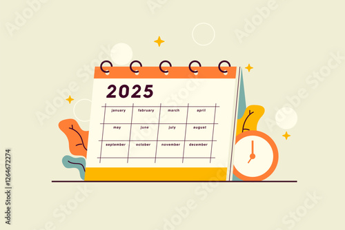 Vector illustration of 2025 calendar with clock icon. Desk yearly calendar with divider grid and place for notes. Concepts of planning, productivity and organization in business and personal use