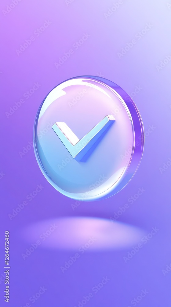 Shiny silver tick icon floating on a gradient purple to blue background with high-definition resolution Shiny silver tick icon floating on a gradient purple to blue background with high-definition resolution