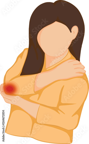 Cartoon drawing of woman suffering from elbow pain, hand holding elbow, injury, ill health, illness concept, vector illusration.