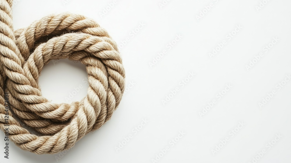 Obraz premium Beige rope coiled into a circle on a white background. Nautical, rustic, texture.
