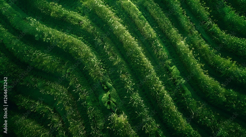 Fototapeta premium Aerial shot of a large green cornfield with neat rows of tall maize plants extending to the horizon