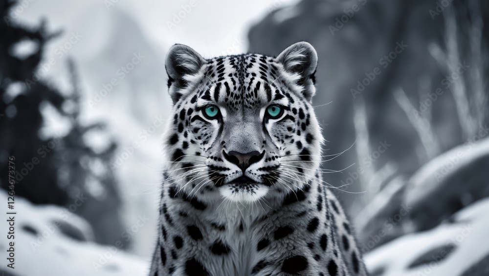 Obraz premium Stunning portrait of a snow leopard in a snowy mountainous landscape during winter