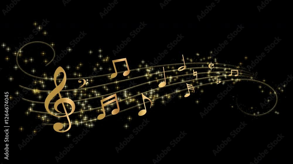 Abstract golden music notes along a musical stave in 3D space with golden stars, twirling glitter and particles, scene opener, overlay or background, transparent background with alpha channel