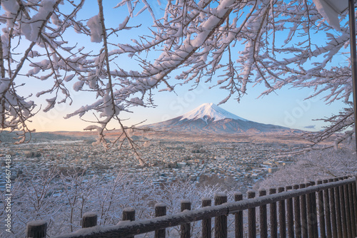 Canvas Print Red Japanese Torii pole, Fuji mountain and snow nature landscape background in w