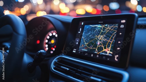 A close-up of smart car dashboard with modern navigation screen displaying interactive map and traffic updates