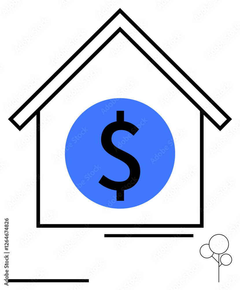 House outline encloses dollar symbol on blue background, minimal tree signifies real estate, investment, or property value. Ideal for real estate, home finance, investment, property sales, minimal House outline encloses dollar symbol on blue background, minimal tree signifies real estate, investment, or property value. Ideal for real estate, home finance, investment, property sales, minimal