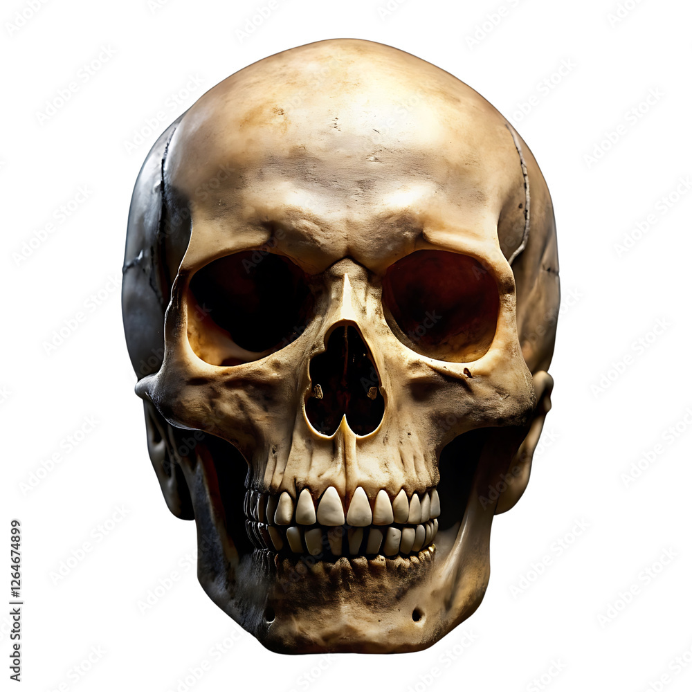 Obraz premium Human Skull: A detailed anatomical depiction of a human skull, showcasing its intricate bone structure.