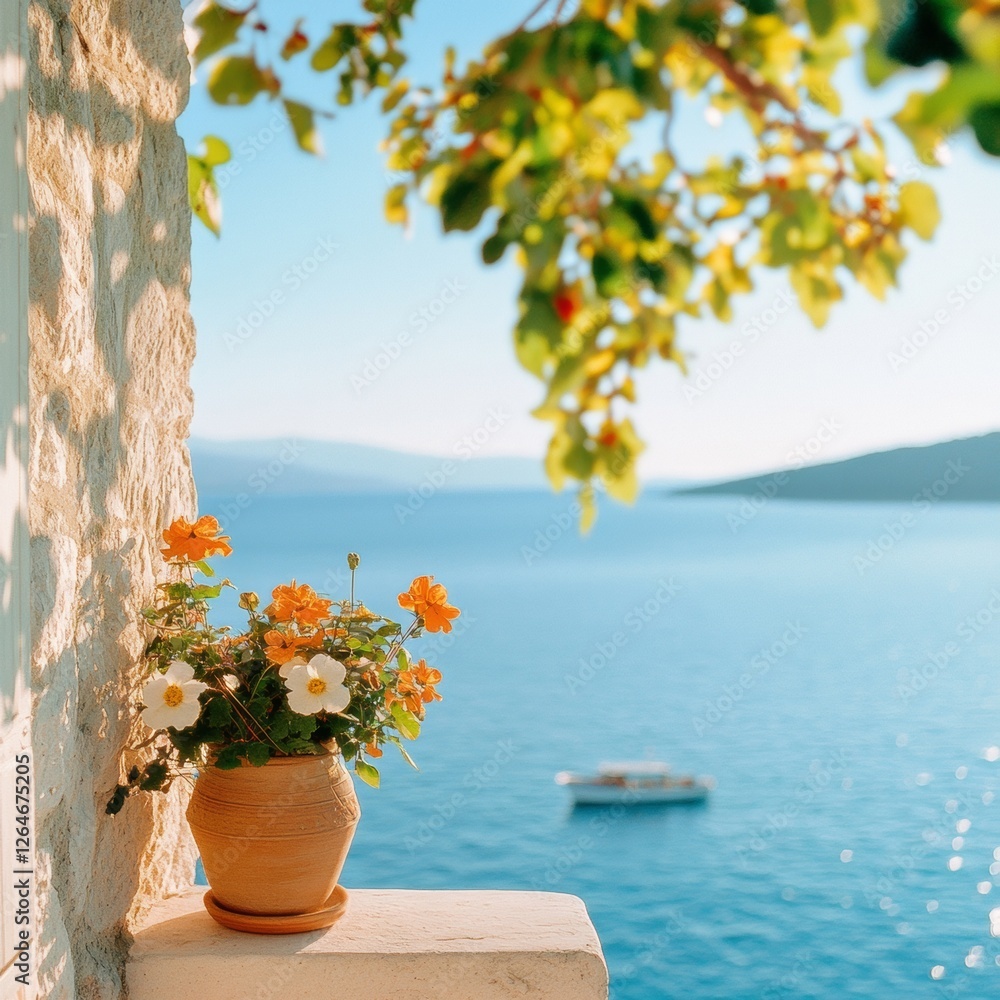Fototapeta premium Mediterranean Seaside Heritage Stone Buildings and Serene Harbor Views - Travel Content and Destination Marketing for Cultural Coastal Exploration